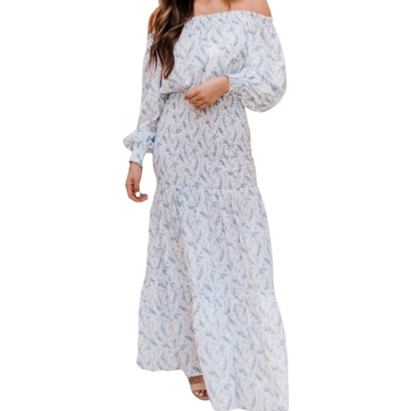 Pink Lily Romantic Blue Floral OffShoulder Ruched Maxi Dress Medium Cottagecore - Picture 4 of 14